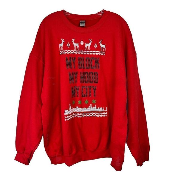 Ugly Christmas Sweater Unisex Sz 2XL Red Cotton Blend “My Blood My Hood My City” - Picture 1 of 9